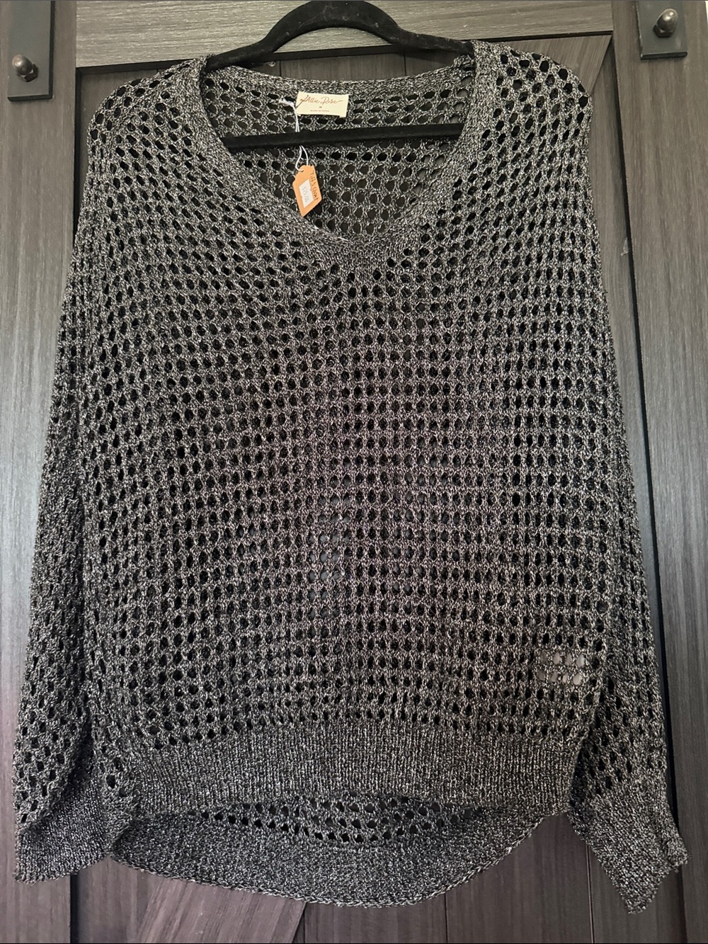 Open-Knit V-Neck Sweater in Charcoal